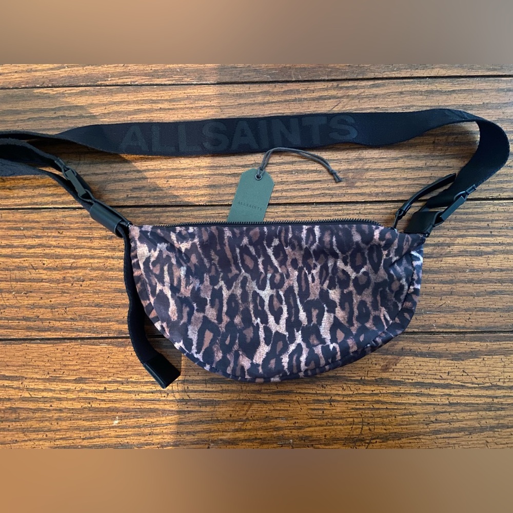 Allsaints Half Moon Anita Nylon Natural Brown Animal Print Crossbody Bag